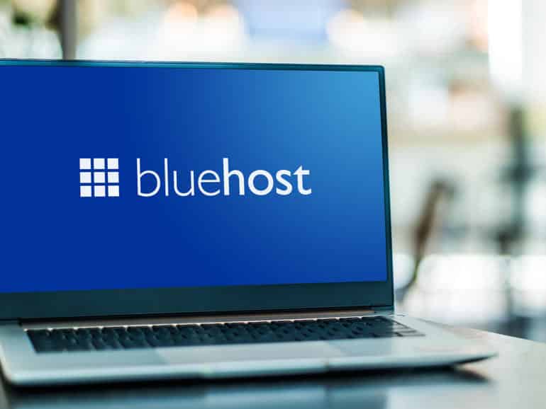 Bluehost logo with a laptop