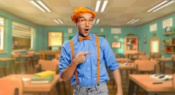 Clayton Grimm as Blippi in a class room