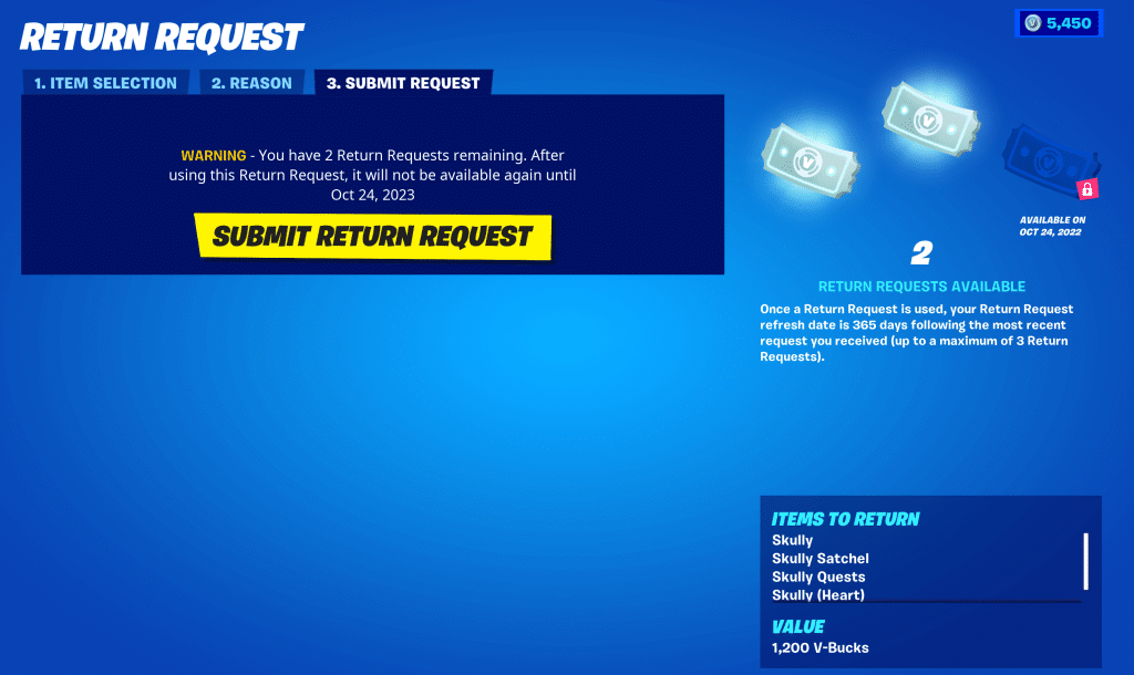 Submit Return Request Page in Fortnite