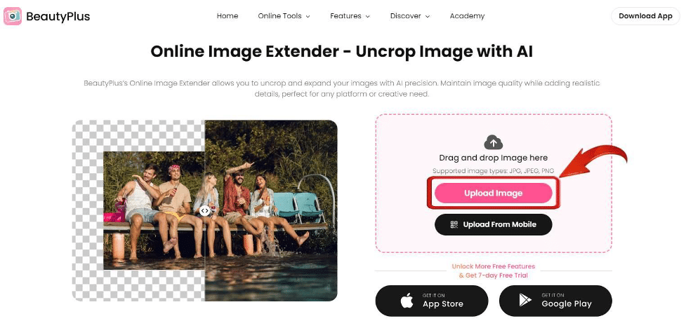 Upload Image to BeautyPlus AI Image Extender