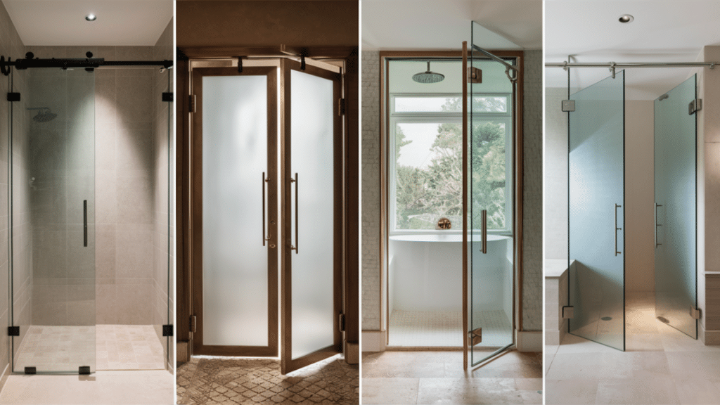 Glass shower door styles: framed, frameless, pivot door, and bypass door systems for modern bathrooms