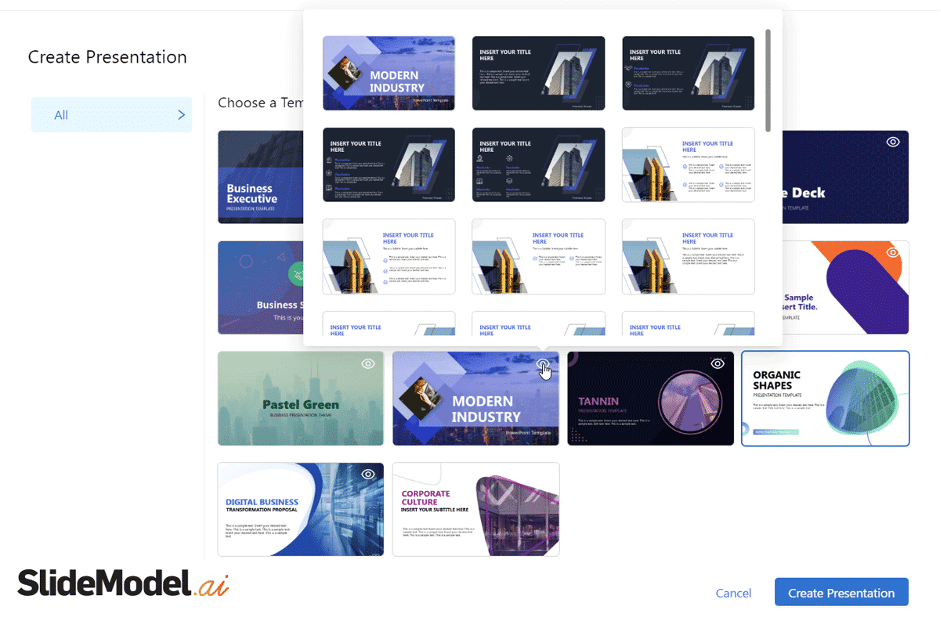 Choose a presentation template to use in SlideModel AI