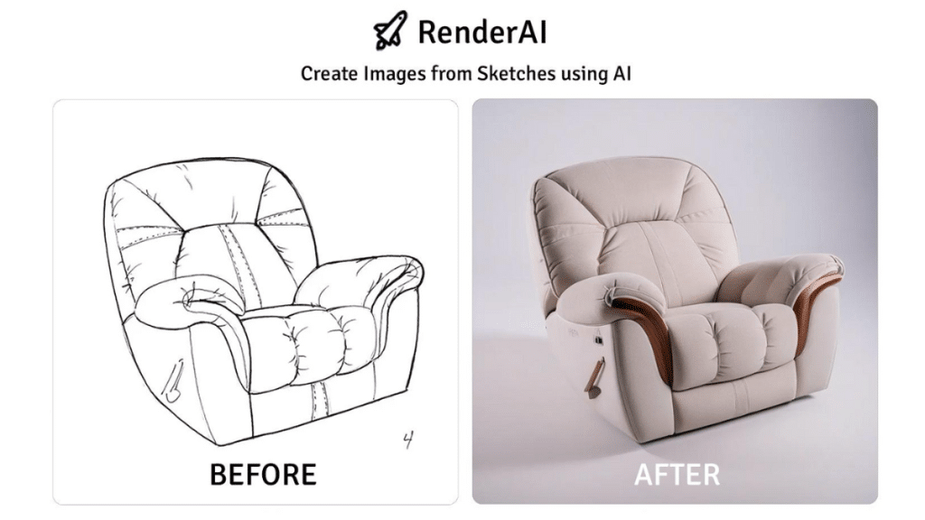 Before & After Example showing a sketch of a single sofa and the rendered version after using Render AI Caption: Empty