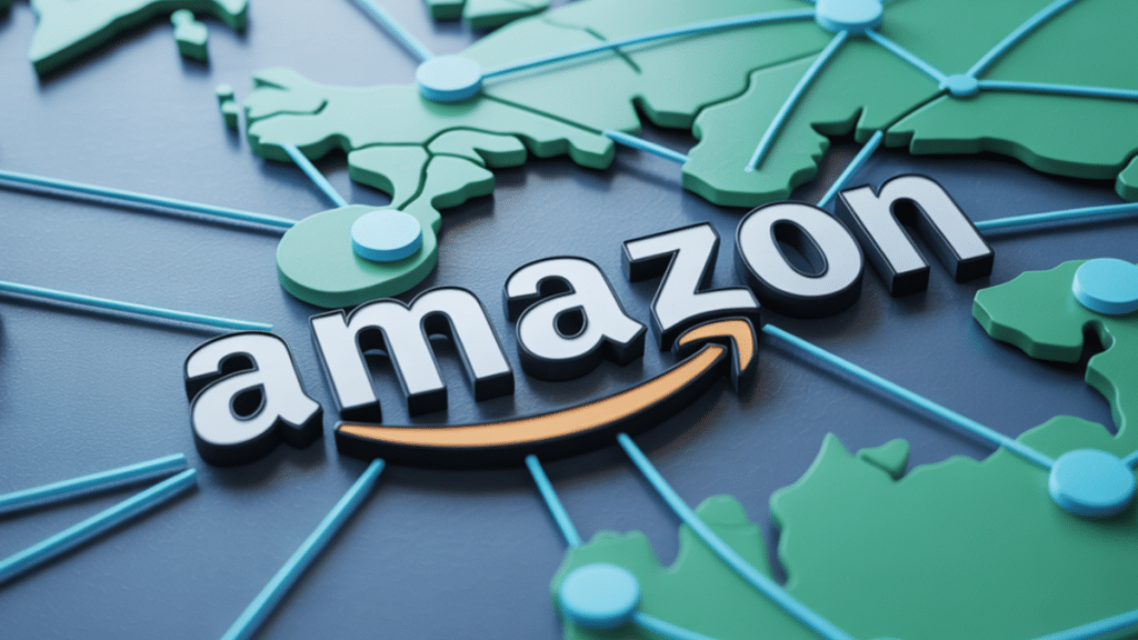 A stylized map illustration featuring "Amazon" prominently.