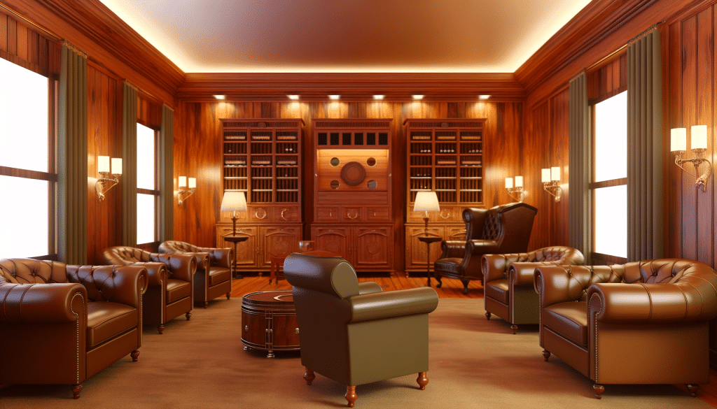 Stylish cigar lounge with elegant furniture and cigar cabinet