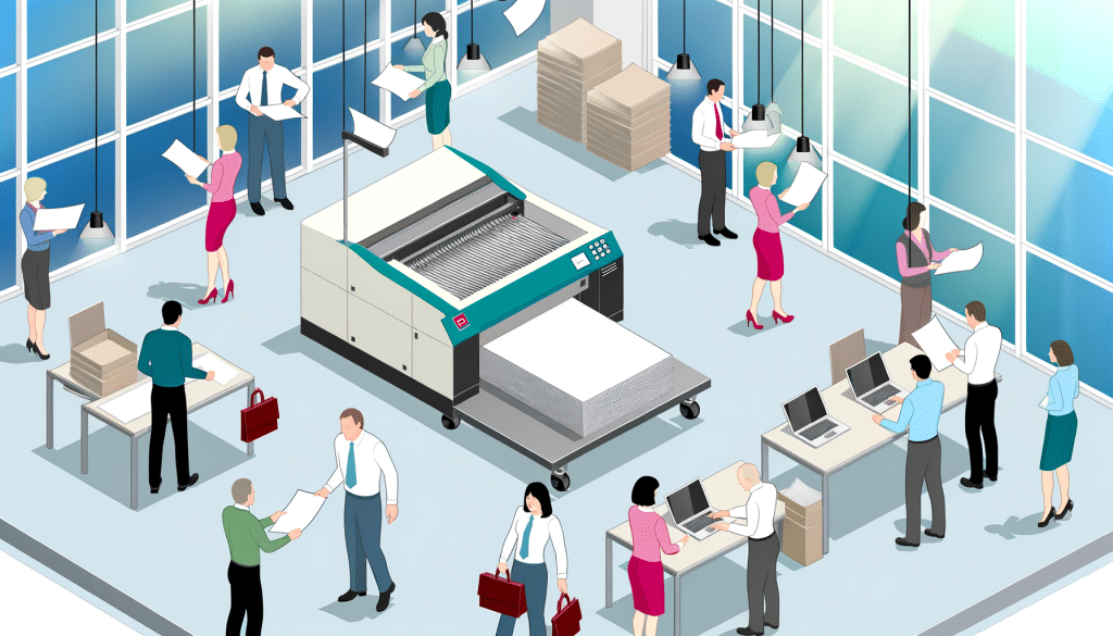 Featured image showing a modern office with a paper creasing machine in use, illustrating office efficiency