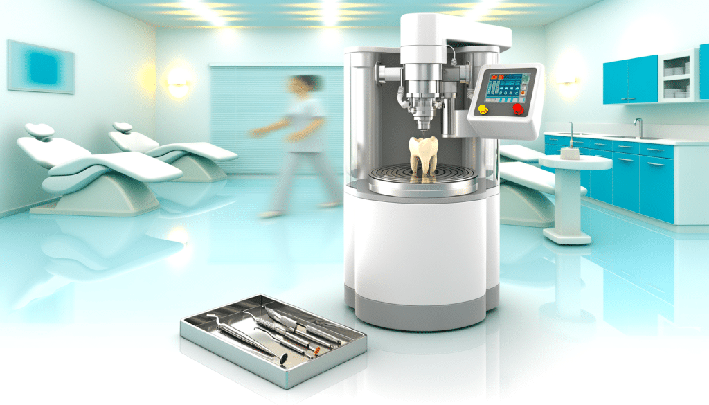 Modern dental milling machine in a high-tech dental clinic, illustrating restoration accuracy