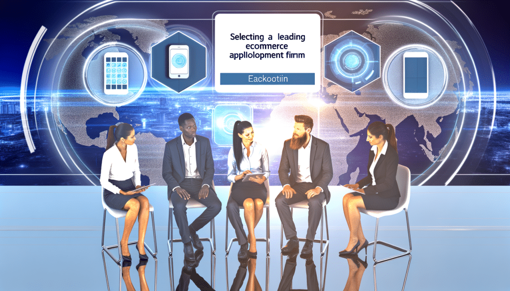 Business professionals evaluating ecommerce app development companies in 2025, technology and mobile devices, modern professional scene
