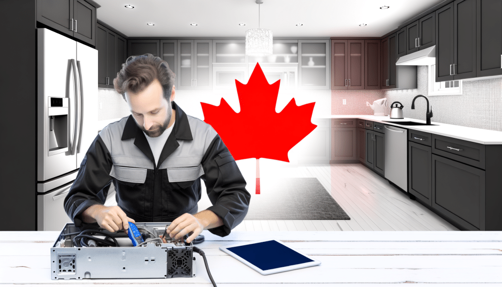 Professional technician repairing a kitchen appliance in a modern Canadian home, with technology and a maple leaf in the background.