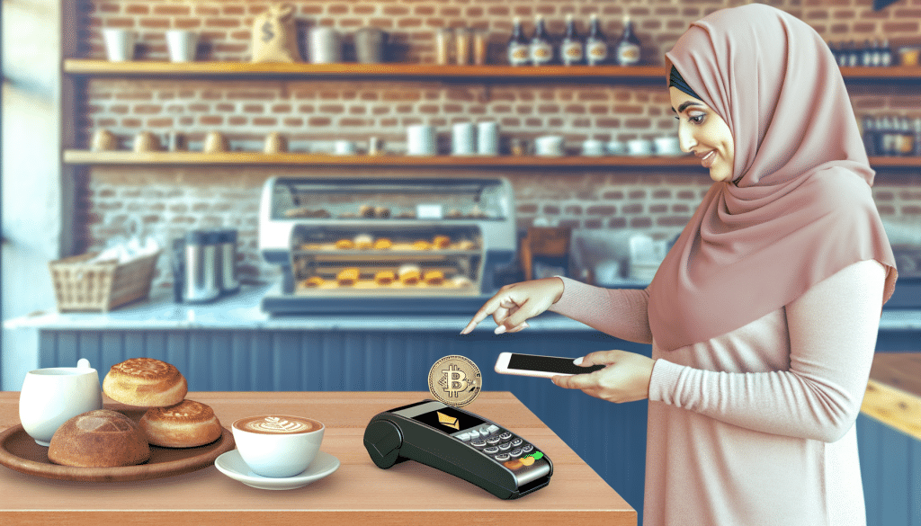 A person making a payment with a smartphone using cryptocurrency in a coffee shop