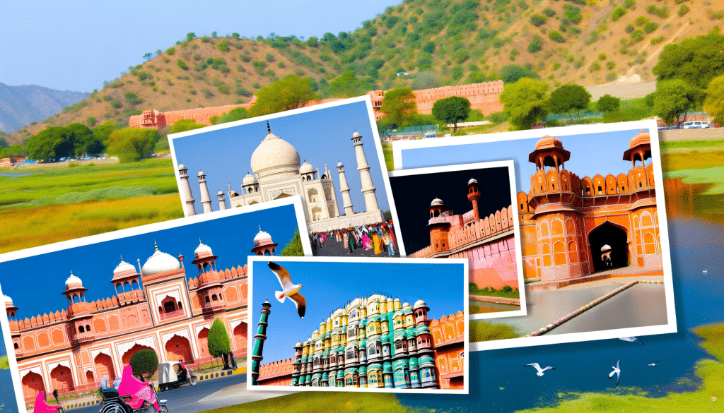 Vibrant travel scene of India’s Golden Triangle with Taj Mahal, Hawa Mahal, and Red Fort under clear skies