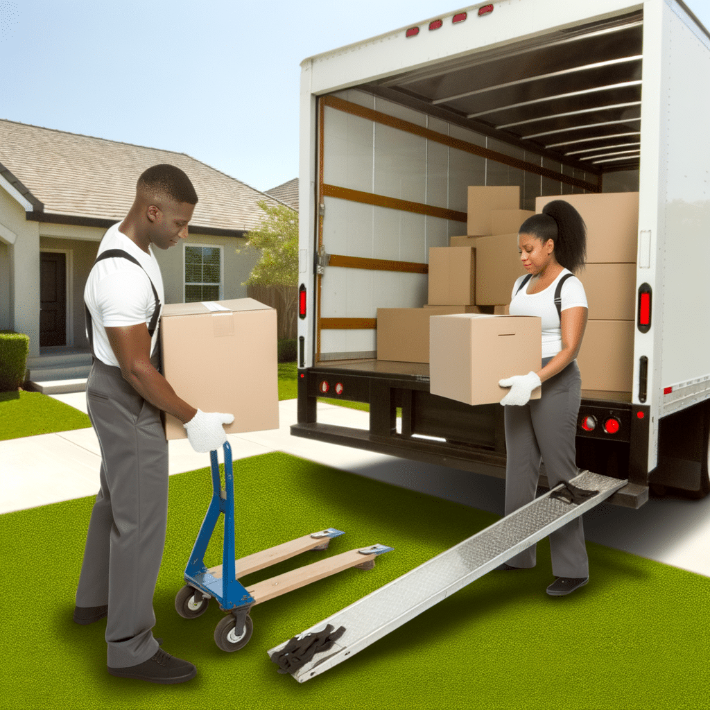 Professional movers loading boxes and furniture into a moving truck