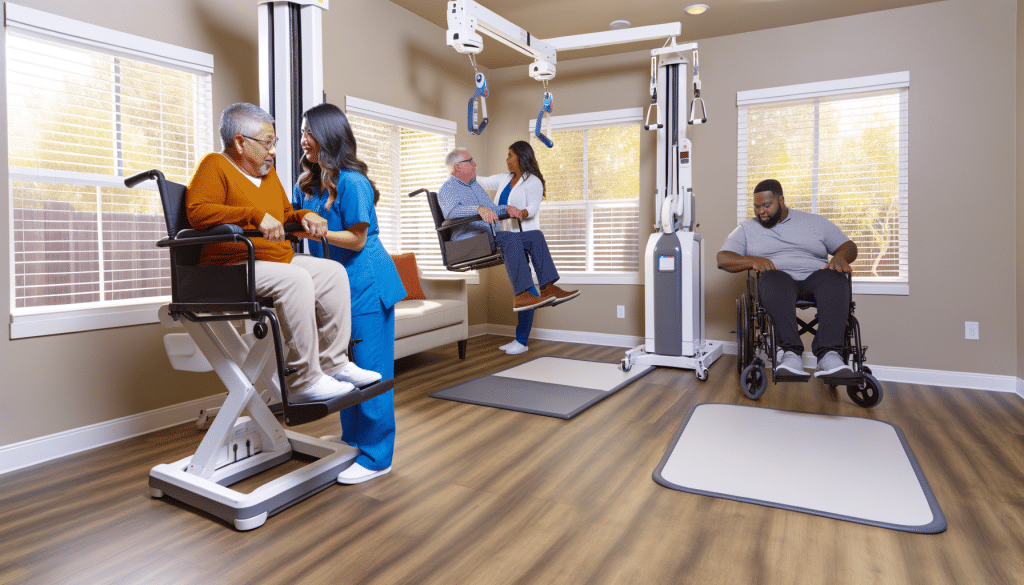 Illustration of various patient lifts for home-based care, including electric, hydraulic, sit-to-stand, ceiling, bariatric, pool, and mobile floor lifts in a home care setting