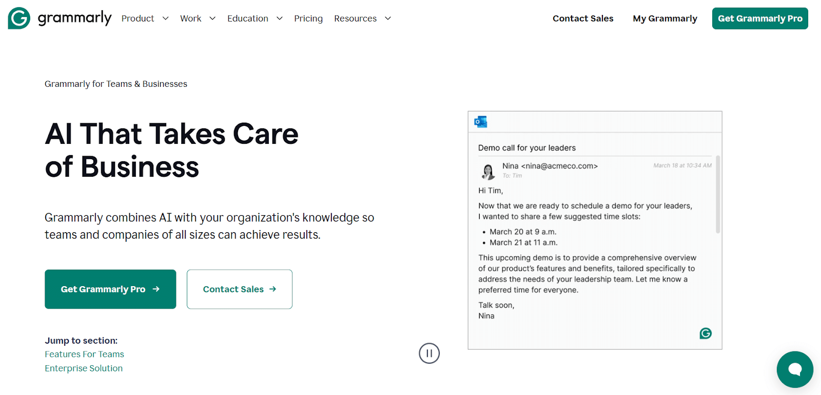 Grammarly Business’ Landing Page