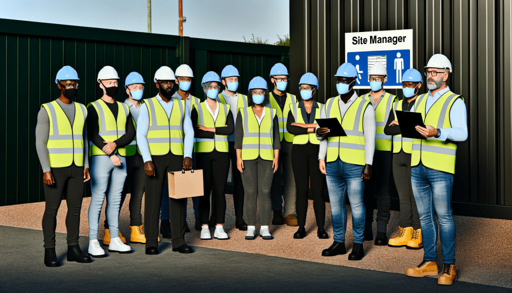 Featured image showing a diverse group of workers and a site manager at a UK construction site entrance, emphasizing safety and compliance.