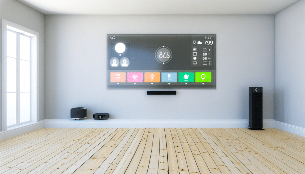 Modern living room with wall-mounted TV and smart home devices