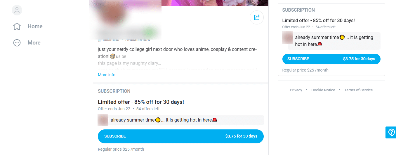 A sample profile page on OnlyFans highlighting the intuitive user interface