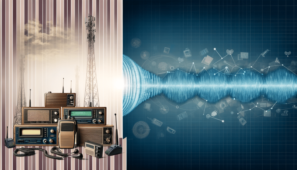 Illustration showing the transition from traditional analog radio systems to modern digital communication