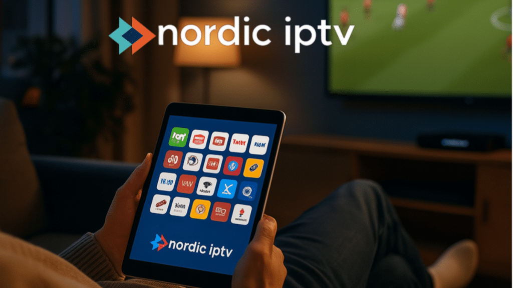 A person relaxing at home and using a tablet to browse an IPTV service with thousands of channels.