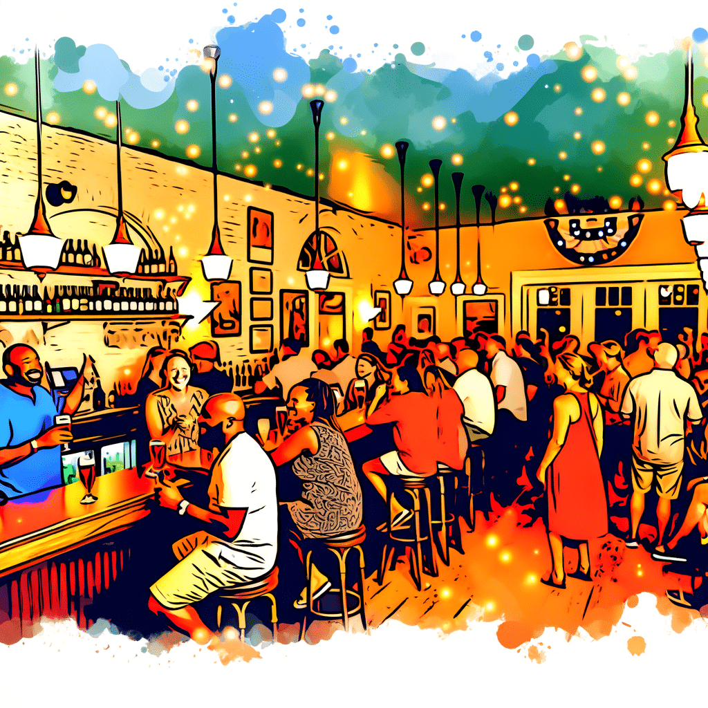 A vibrant bar and pub scene in LaGrange, Georgia, with warm lighting and people enjoying drinks, representing Southern hospitality.