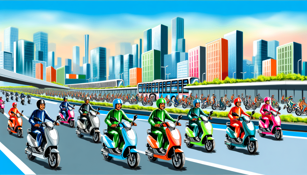 Electric bikes and scooters on Indian city streets in 2025, diverse riders, eco-friendly, technology article