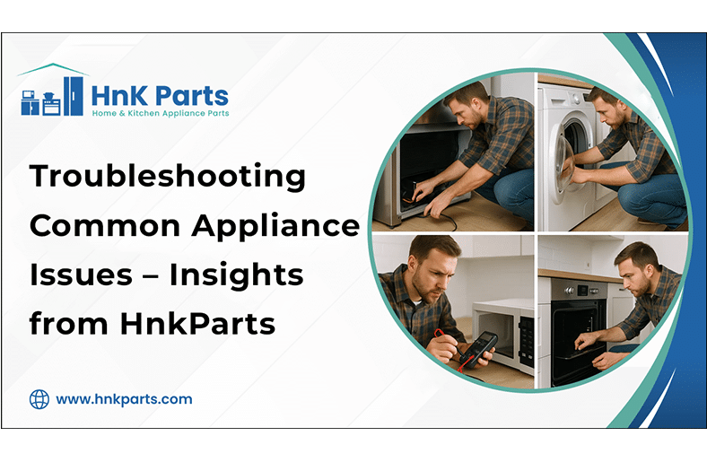 Kitchen appliances with warning symbols representing common household appliance problems
