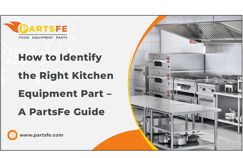 Assorted kitchen equipment parts and tools arranged for identification and selection guide