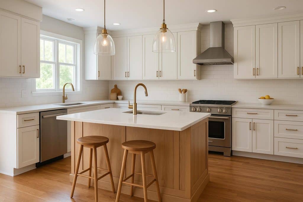 Family-focused kitchen remodel: large island, durable countertops, pull-out storage, open layout