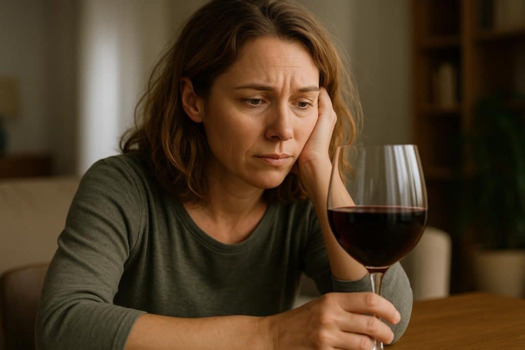 Spilled red wine and bottle on table, representing drinking as a coping mechanism