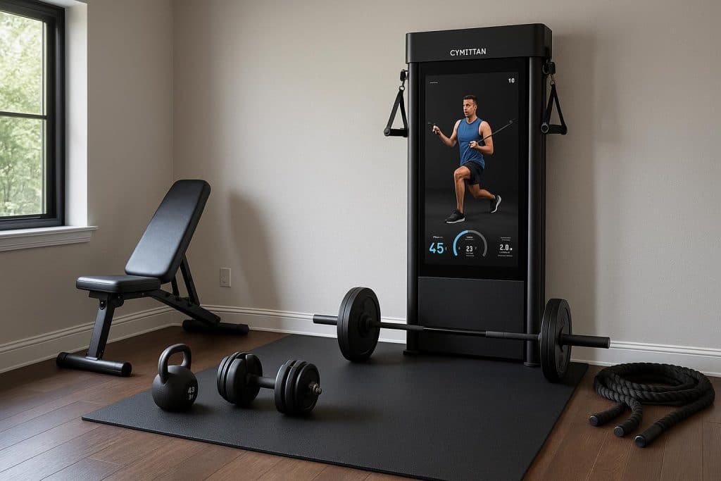 GymTitan smart home gym console with adjustable resistance tower in modern living room