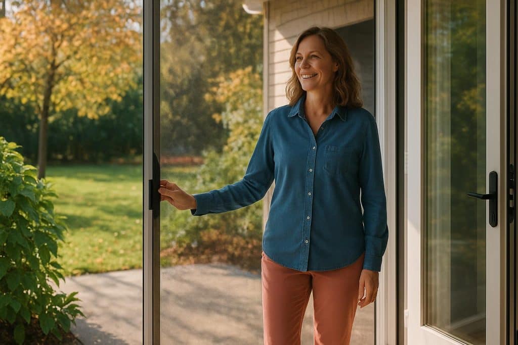 Fine-weave mesh screen door on porch, allowing seasonal fresh air and blocking insects