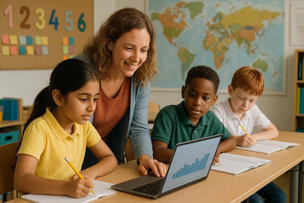 Adaptive AI dashboard on tablet beside Cambridge Primary Curriculum books, teacher's guide