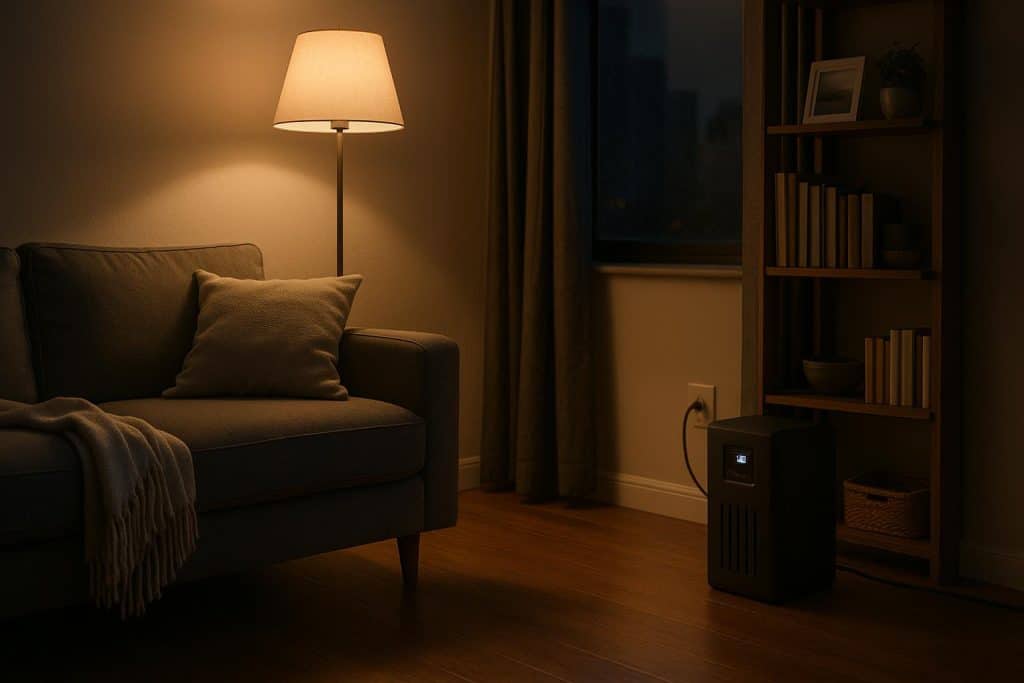 Residential battery backup and inverter with rooftop solar powering home during outages