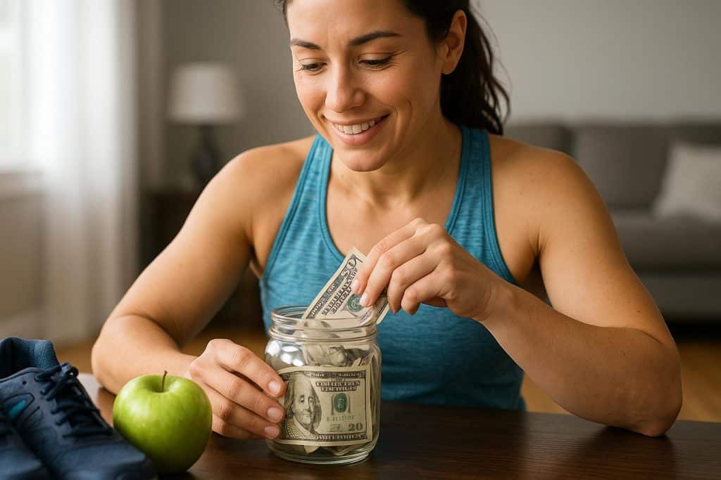 Apple, dumbbell, heart and piggy bank illustrating investing in health and savings