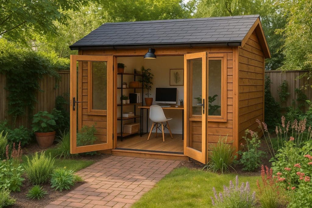 Modern garden shed transformed into stylish workspace with desk, shelving, and plants