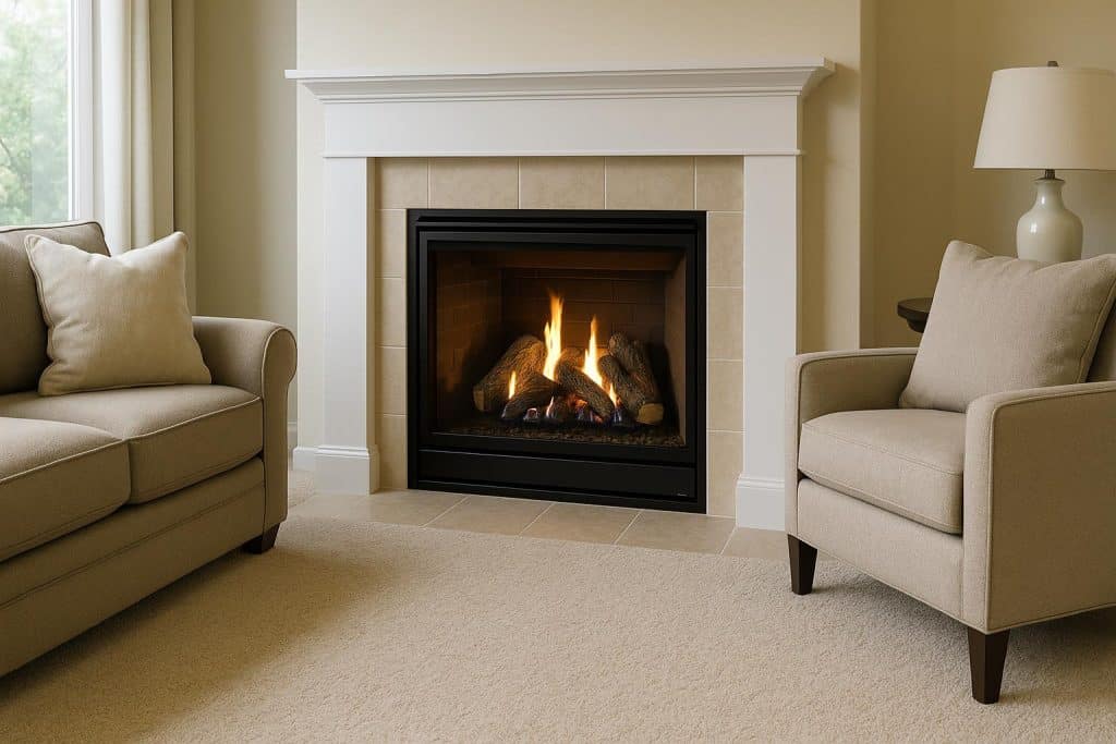 Contemporary gas fireplace with visible flames and logs, illustrating comfort and energy efficiency