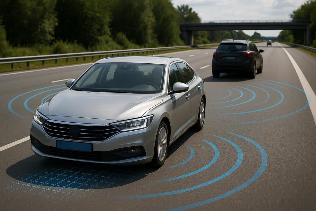 Autonomous car showcasing intelligent driving sensors and AI overlays for safety and reliability