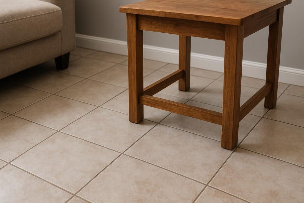 Ceramic and porcelain tile flooring samples showing textures and grout lines