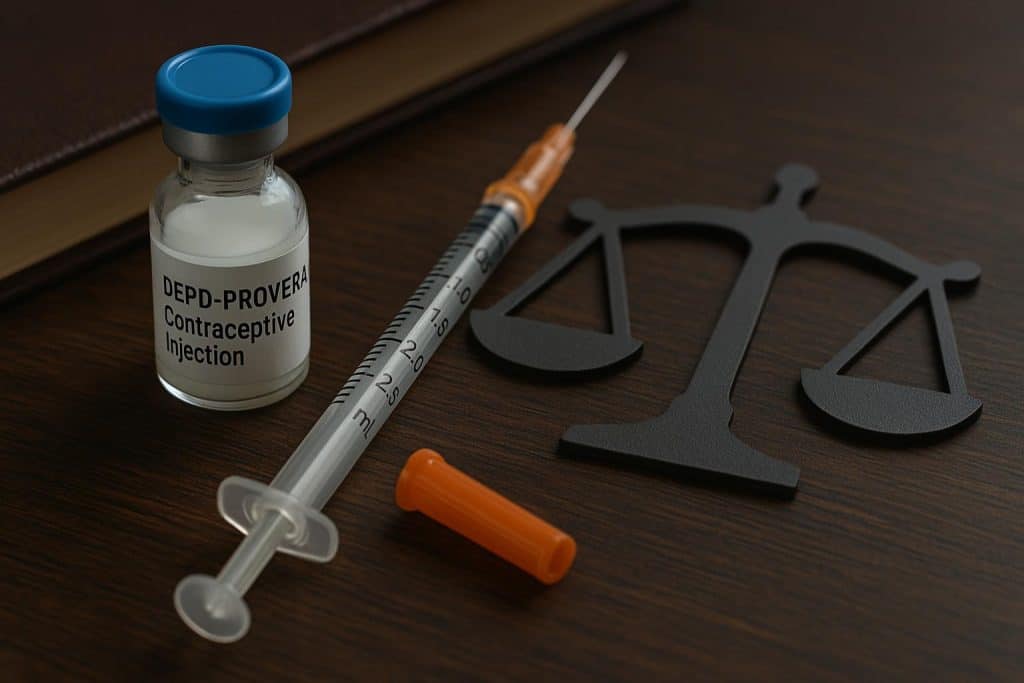 Depo Provera syringe with gavel and medical chart symbolizing legal support