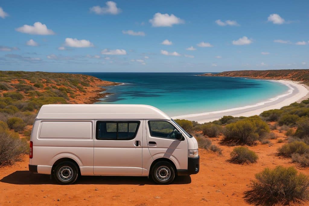Campervan driving along coastal road with ocean views in Western Australia