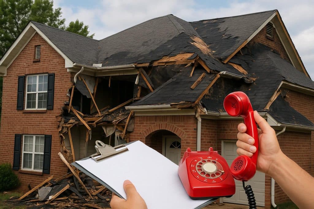 Damaged Raleigh home exterior with emergency repair crews responding after property damage
