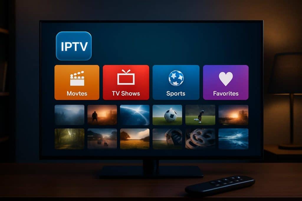Streaming devices and TV screens displaying various IPTV channel options for best IPTV services