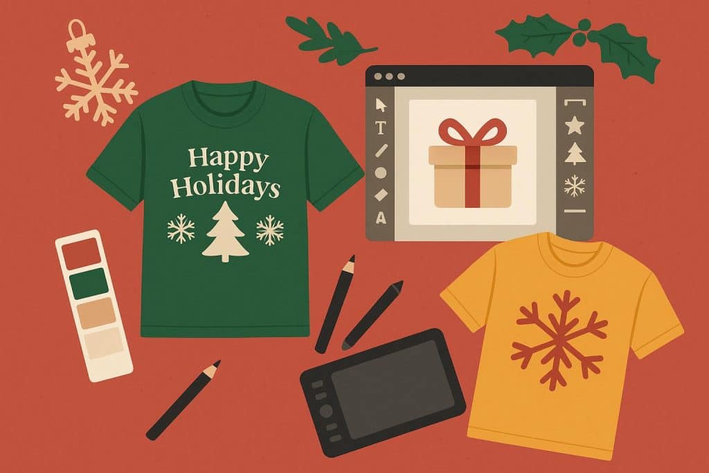 Festive apparel designs with holiday graphics, showcasing Q4 clothing marketing strategies