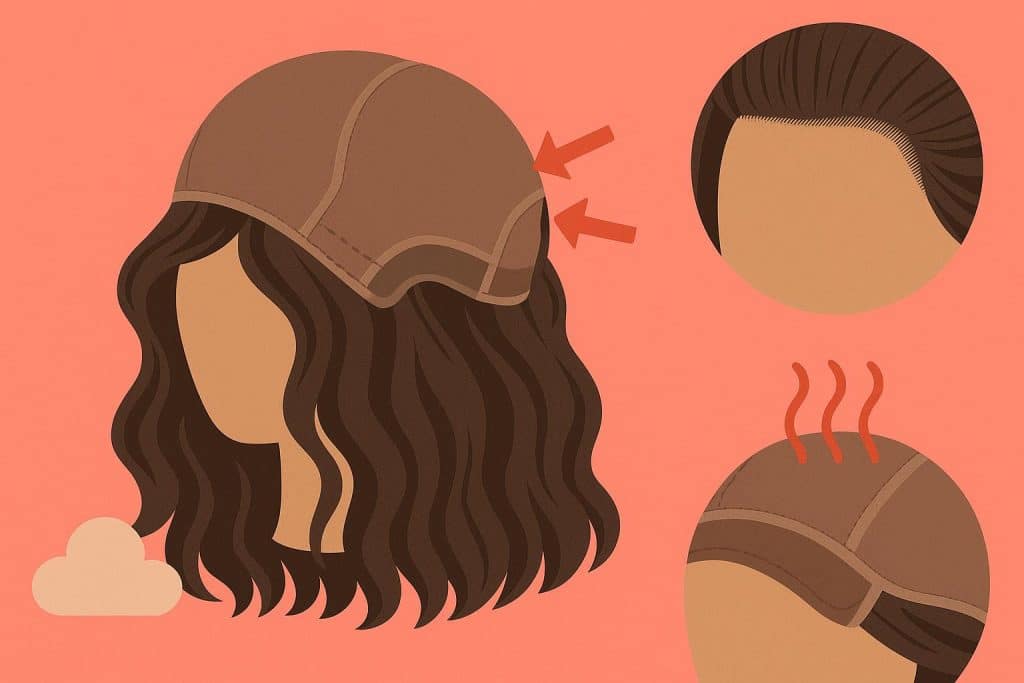 Close-up of a poorly fitting wig cap highlighting bumps, unnatural hairlines, and low-quality materials