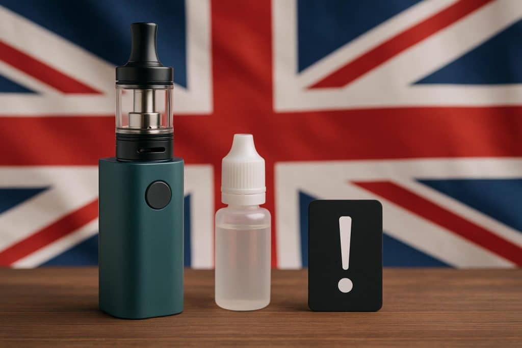 UK vape regulations concept with e-cigarettes, legal documents, and British flag background