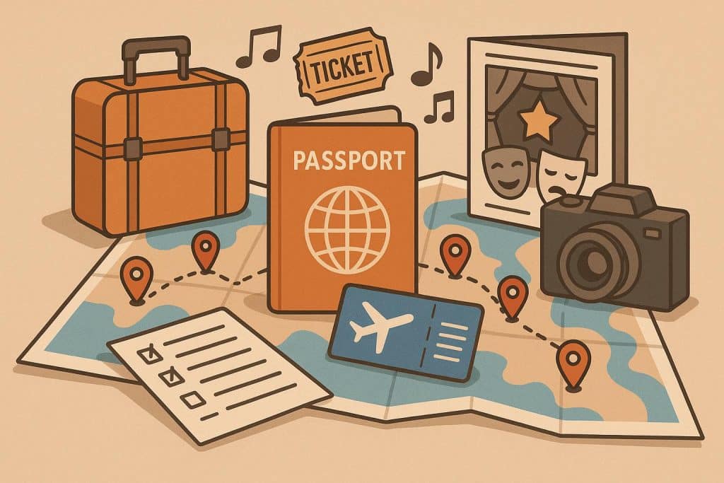 Colorful travel itinerary with show tickets, performance schedules, and destination landmarks