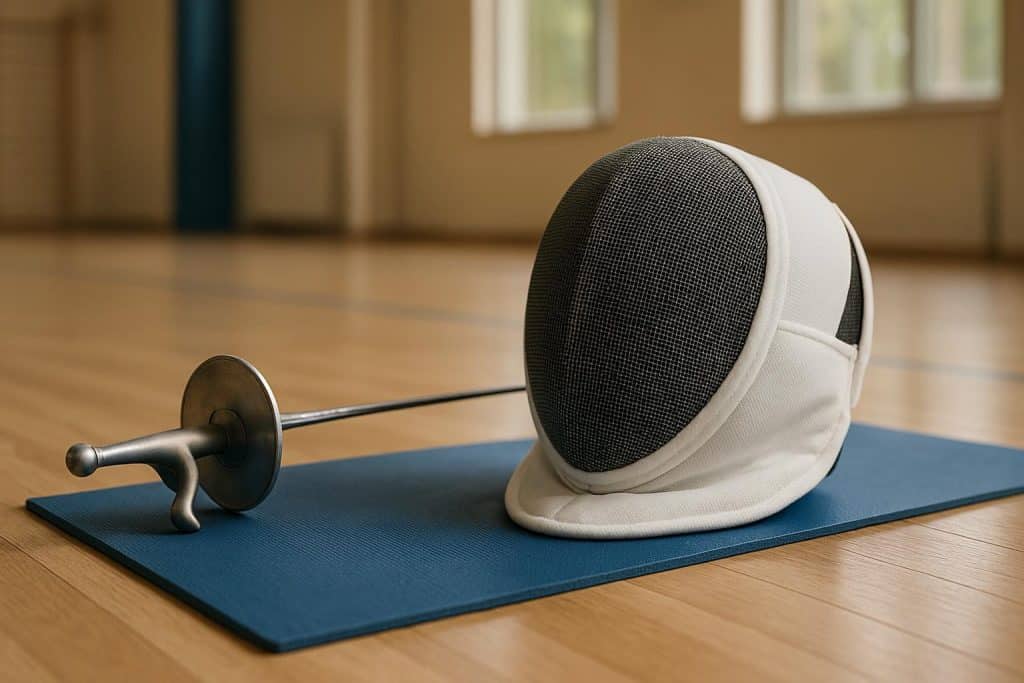 Adult practicing fencing in full gear during fitness training in a modern indoor gym setting