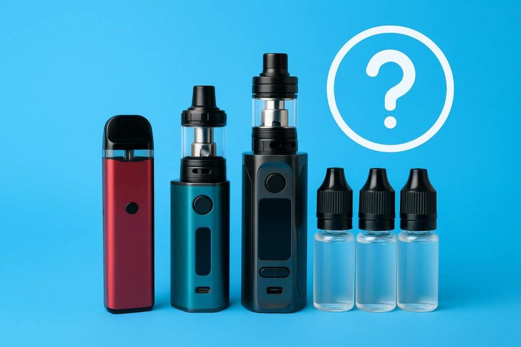 Various vape devices and e-liquid bottles displayed on a table for online retailer selection tips