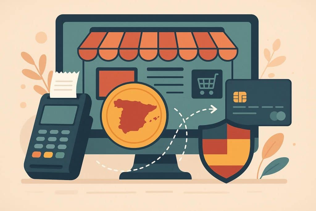 Spanish online business transaction illustrated with secure payment gateway and digital financial icons