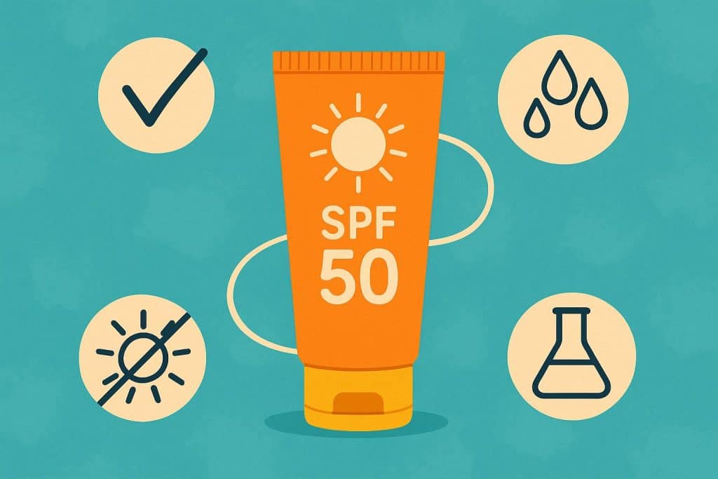 Sunscreen bottles and skincare products suitable for oily skin on a clean, bright surface